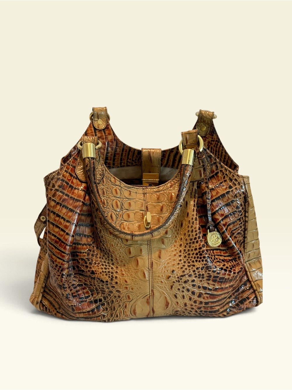 Brahmin Croc-Embossed Shoulder Bag in Tan with Gold Hardware